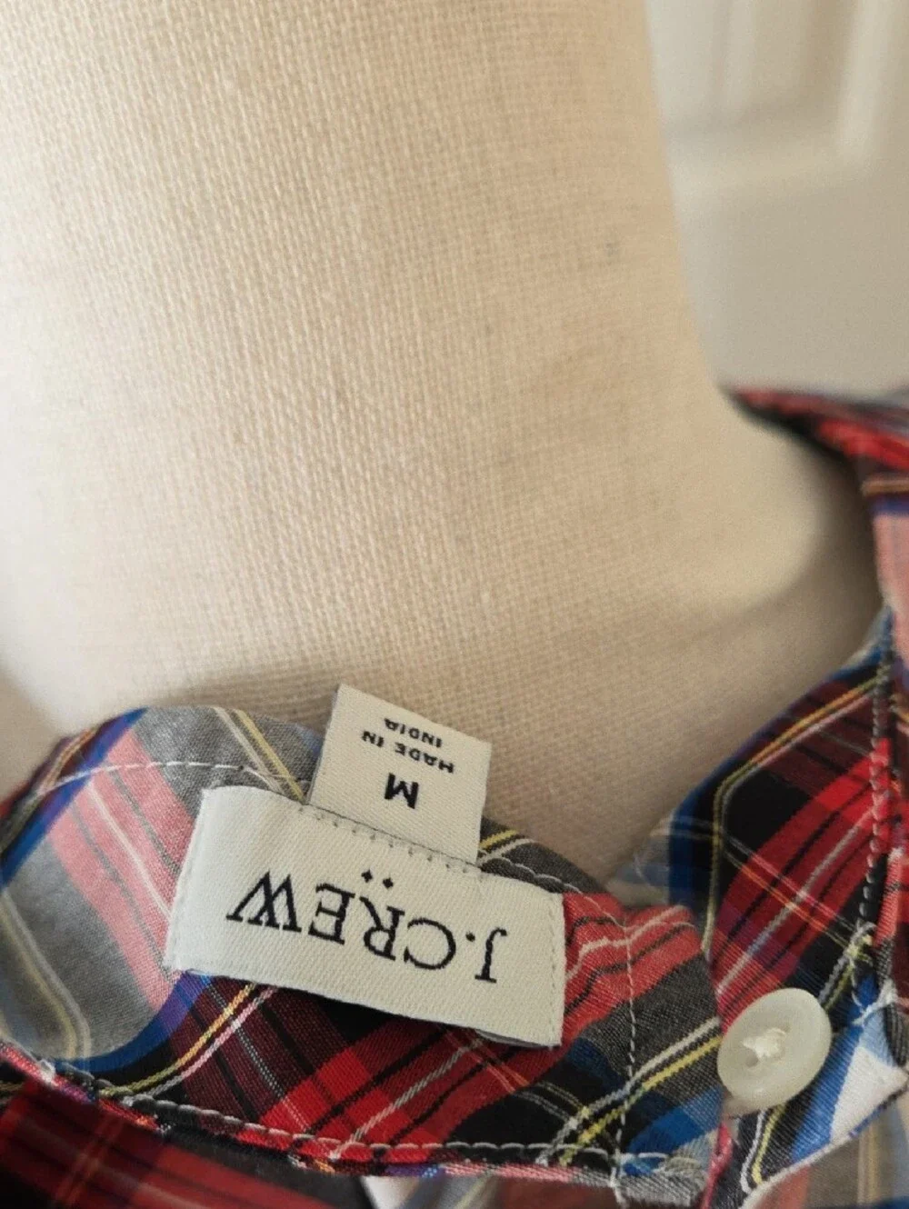 J. Crew Red, Blue and White Plaid Puff-Sleeve Blouse